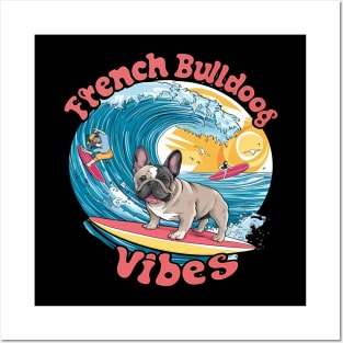 French Bulldog Surfing Tropical Wave Posters and Art